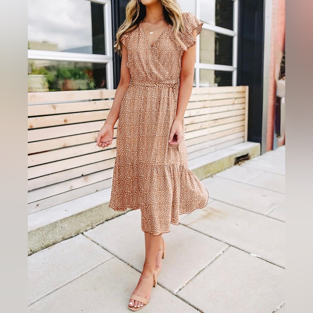 Wrap V Neck Cap Sleeve Bohemian Long Dress